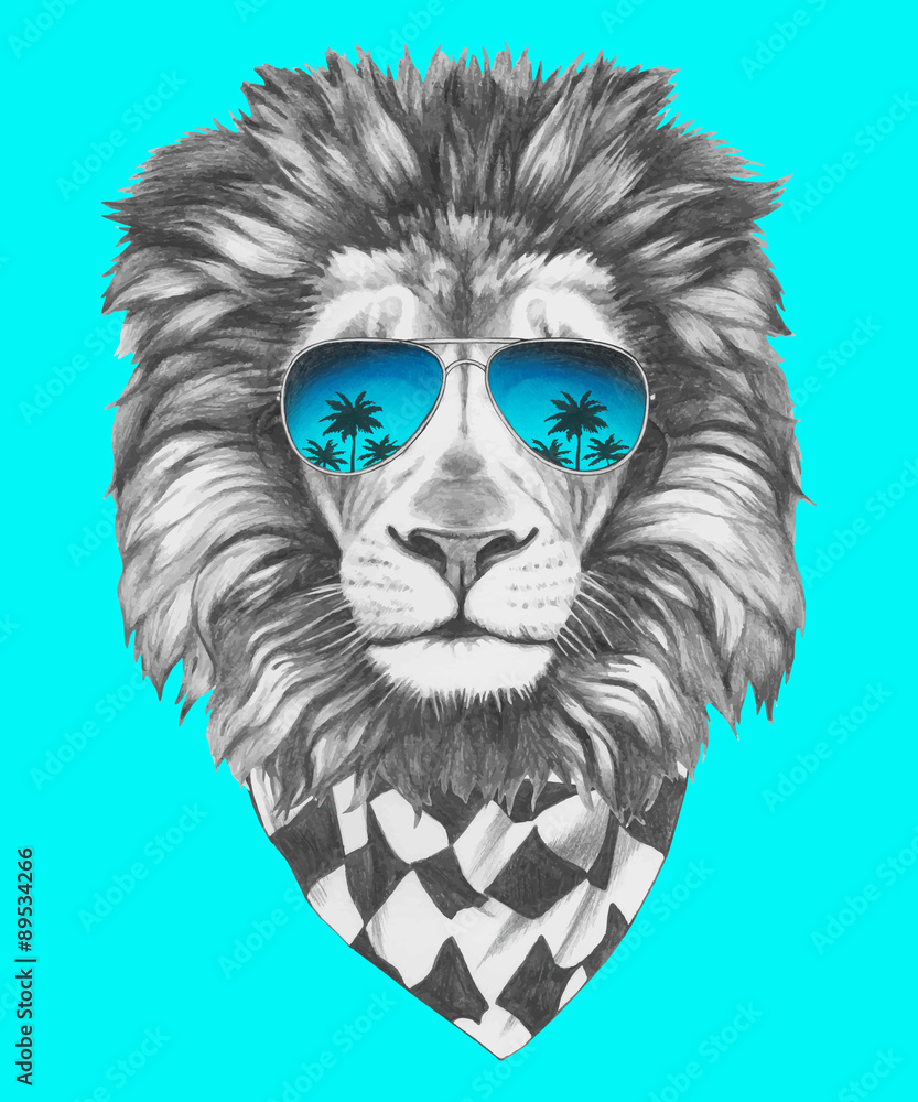 Obraz premium Hand drawn portrait of Lion with sunglasses and scarf. Vector isolated elements.