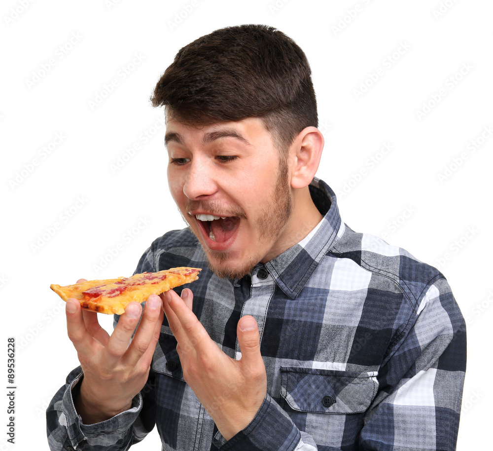 Young man eating piece of pizza isolated on white Young man eating piece of pizza isolated on white