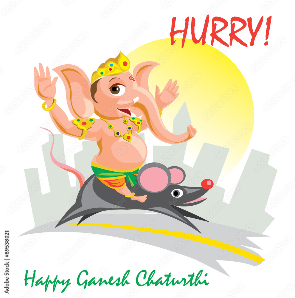 Lord Ganesha on his mouse hurrying for shopping Stock Illustration | Adobe  Stock
