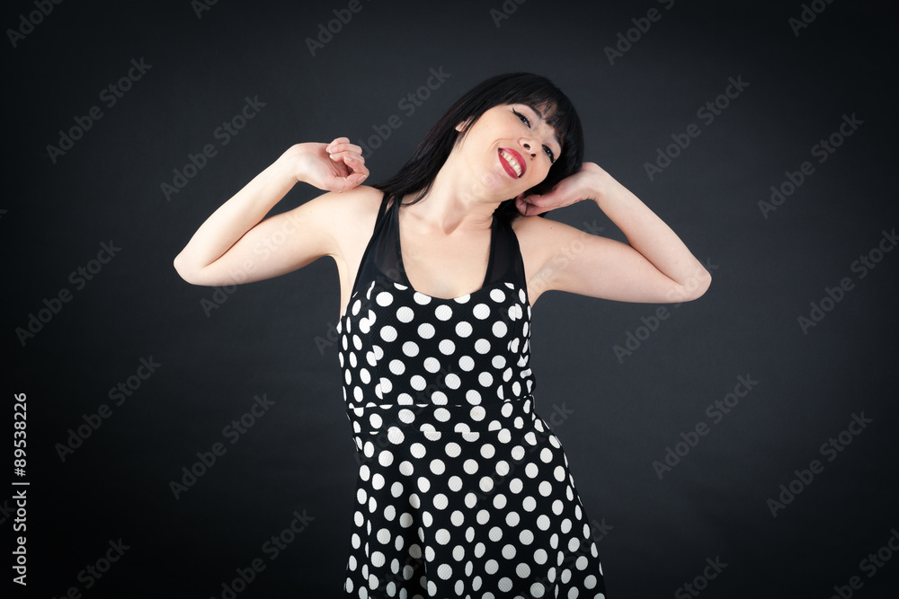 Beautiful woman doing different expressions in different sets of clothes: wake up Beautiful woman doing different expressions in different sets of clothes: wake up