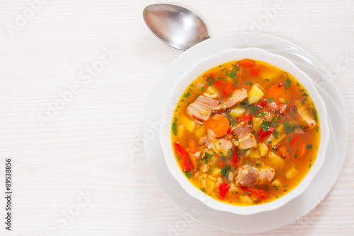 soup with meat, rice and vegetables