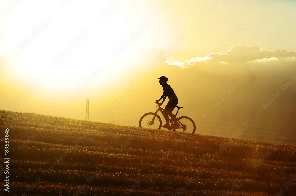 Fototapeta premium profile silhouette sport man cycling uphilll riding cross country mountain bike