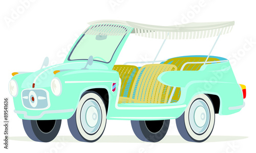 Caricatura Fiat  600  Jolly azul vista frontal y lateral