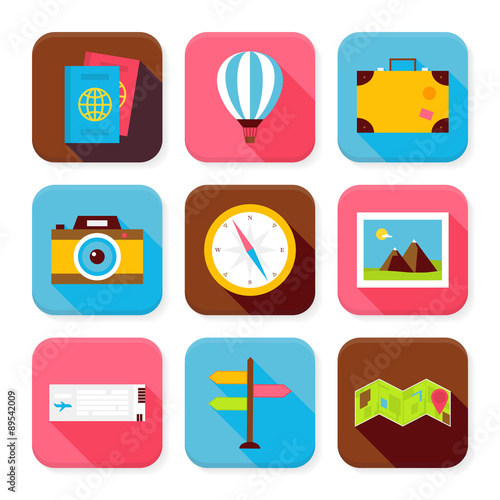 Flat Travel and Vacation Squared App Icons Set