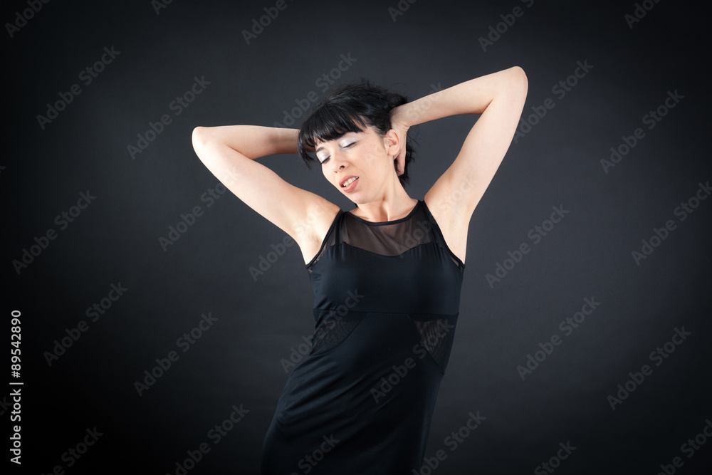 Beautiful woman doing different expressions in different sets of clothes: wake up Beautiful woman doing different expressions in different sets of clothes: wake up
