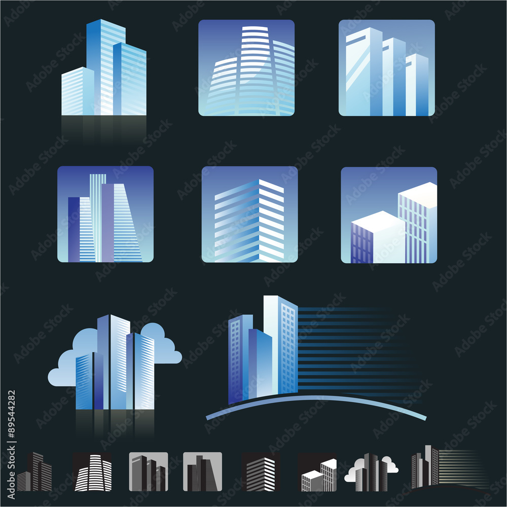 Set of modern buildings icons Set of modern buildings icons
