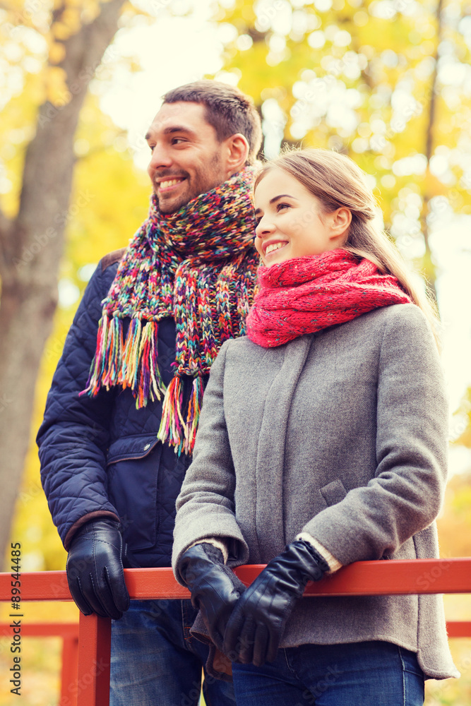 Fototapeta premium smiling couple hugging on bridge in autumn park