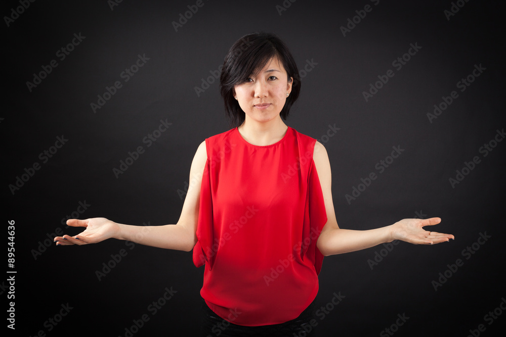 Beautiful woman doing different expressions in different sets of clothes: welcome Beautiful woman doing different expressions in different sets of clothes: welcome