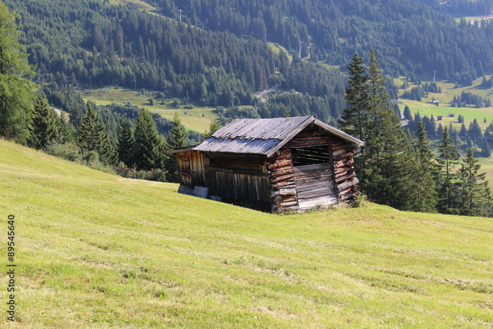 A wooden ski hut on Alp mountains with green meadow in Fiss, Tirol, Austria. 