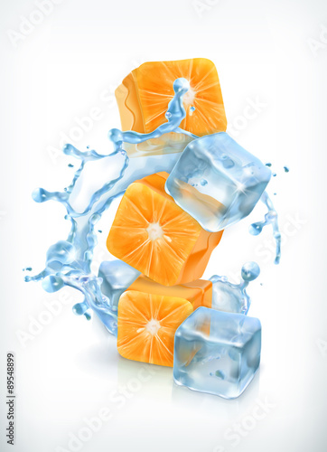 Orange cubes with ice and splashes, vector icon