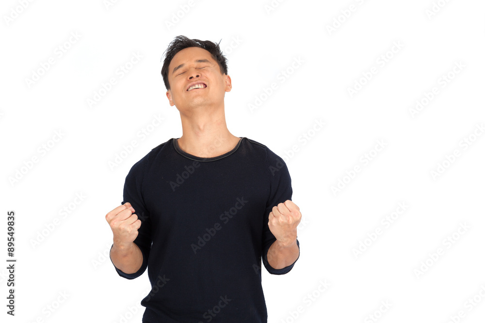 Handsome man doing different expressions in different sets of clothes: arms raised Handsome man doing different expressions in different sets of clothes: arms raised