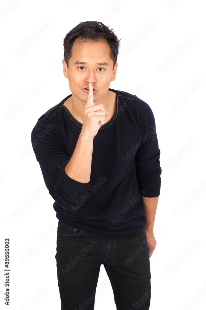 Handsome man doing different expressions in different sets of clothes: be quiet Handsome man doing different expressions in different sets of clothes: be quiet
