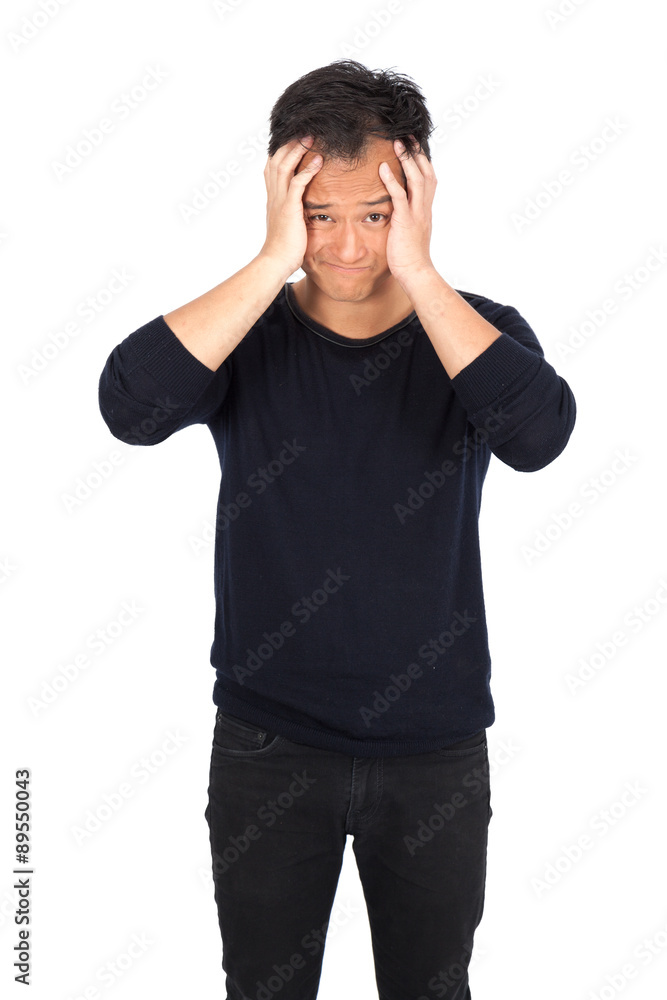 Handsome man doing different expressions in different sets of clothes: headache Handsome man doing different expressions in different sets of clothes: headache