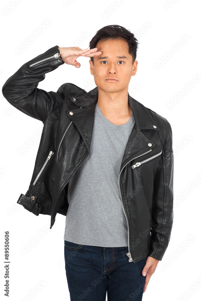 Handsome man doing different expressions in different sets of clothes: at attention