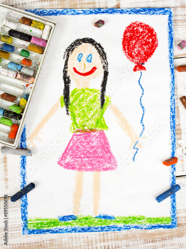 colorful drawing  happy girl with balloon