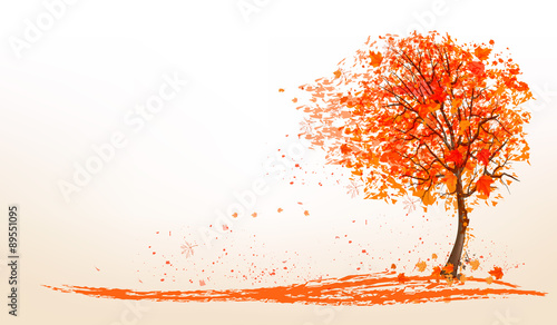 Autumn background with a tree and golden leaves. Vector.