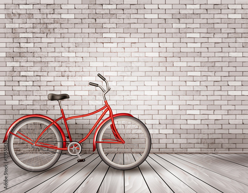 Bicycle in front of a grey brick wall. Vector.
