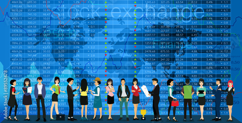 Team and investors with stock exchange as a backdrop.