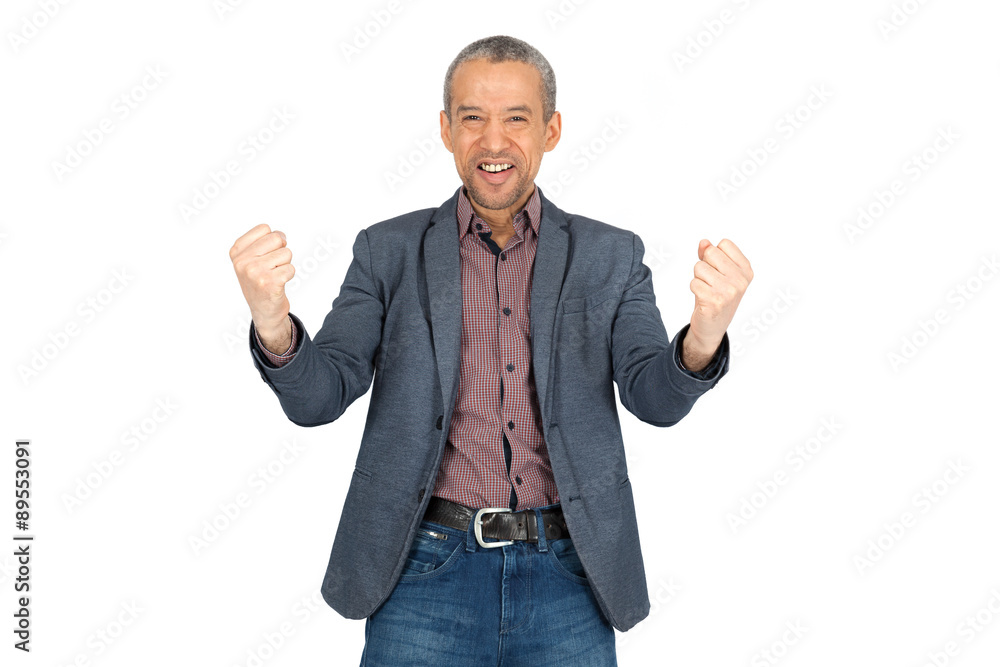 Handsome man doing different expressions in different sets of clothes: arms raised Handsome man doing different expressions in different sets of clothes: arms raised