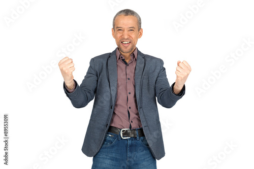Handsome man doing different expressions in different sets of clothes: arms raised