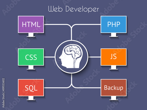 Web developer vector infographics on a blue background.