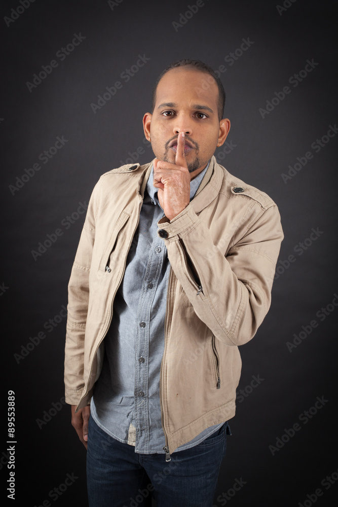 Handsome man doing different expressions in different sets of clothes: be quiet Handsome man doing different expressions in different sets of clothes: be quiet