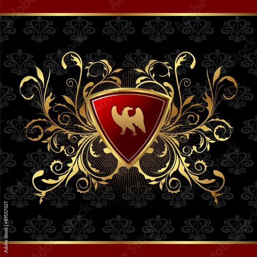 gold floral packing with heraldic elements