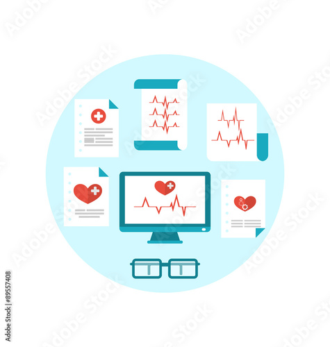 Set modern flat medical icons with paper documents with electroc photo