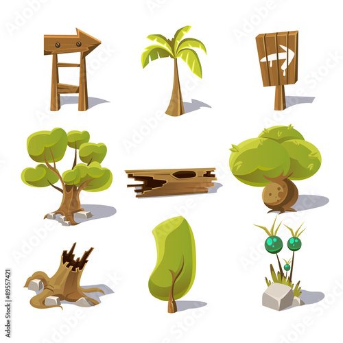 Cartoon nature elements, vector objects on white background