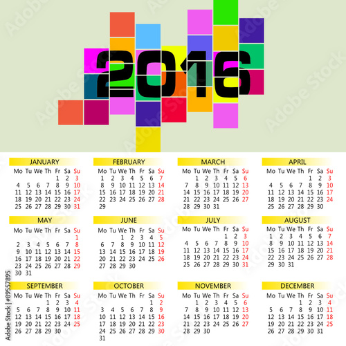 calendar 2016 vector in colorful