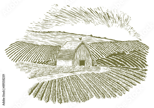 Woodcut Rural Farm Setting