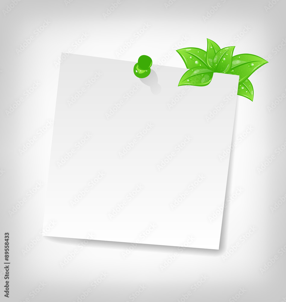 blank note paper with green leaves and space for your tex