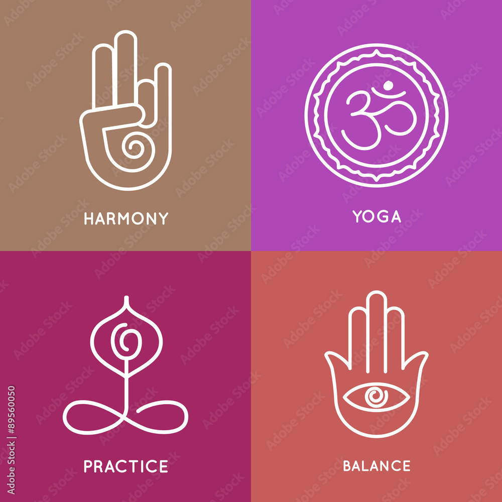 Yoga line symbols in colorful squares. Yoga line symbols in colorful squares.