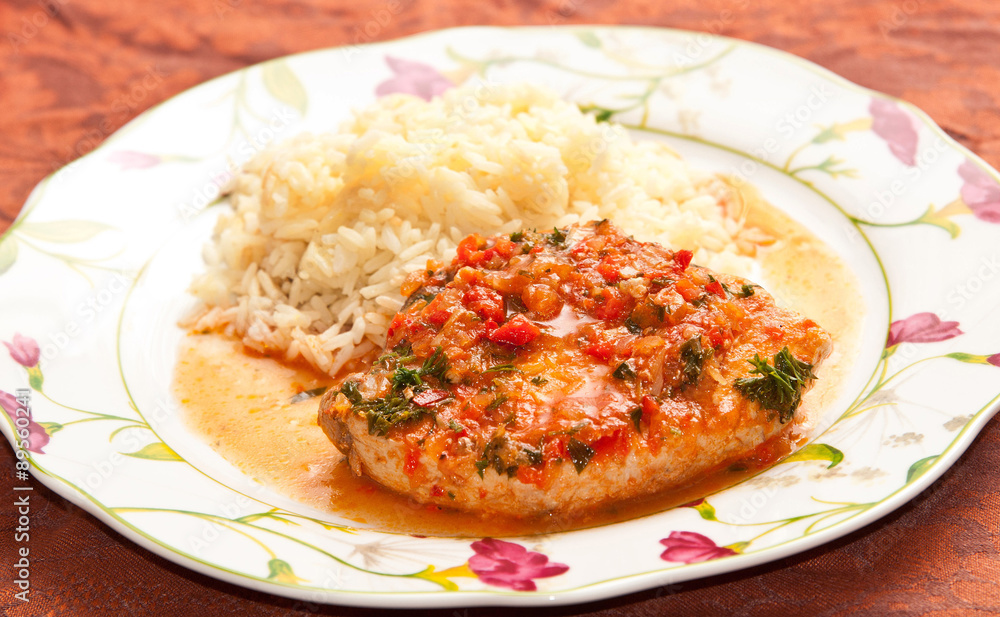 Homemade stewed tuna fillet with white rice Homemade stewed tuna fillet with white rice