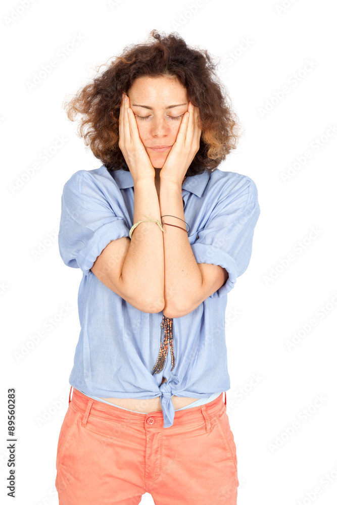 Beautiful woman doing different expressions in different sets of clothes: sad Beautiful woman doing different expressions in different sets of clothes: sad