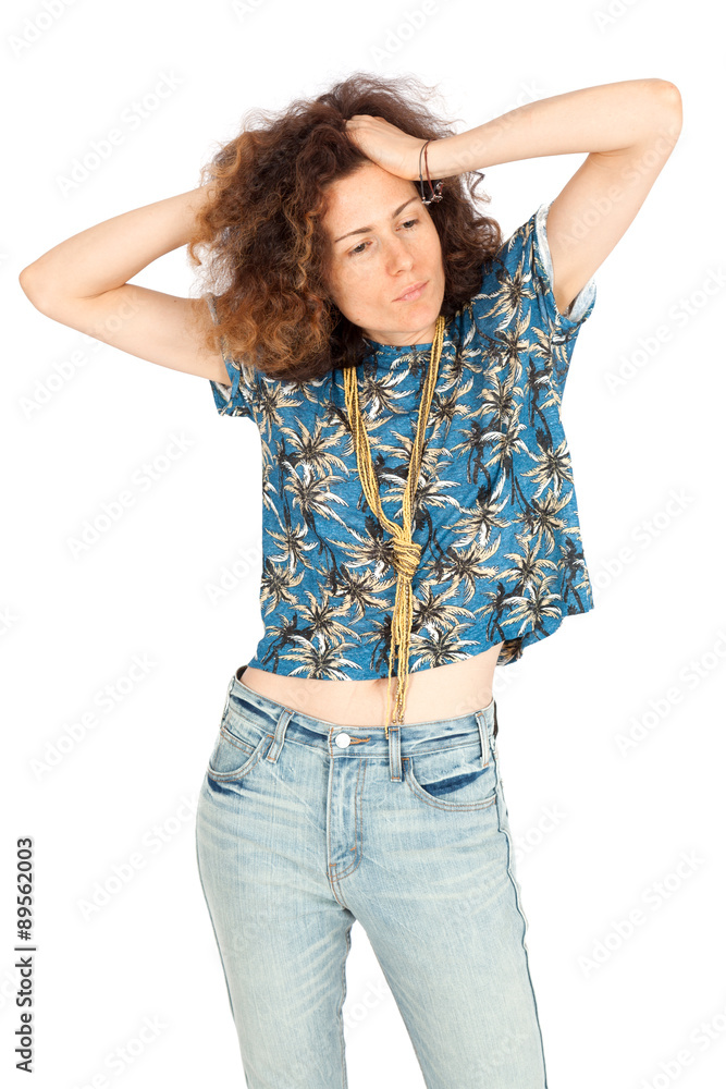 Beautiful woman doing different expressions in different sets of clothes: tired Beautiful woman doing different expressions in different sets of clothes: tired