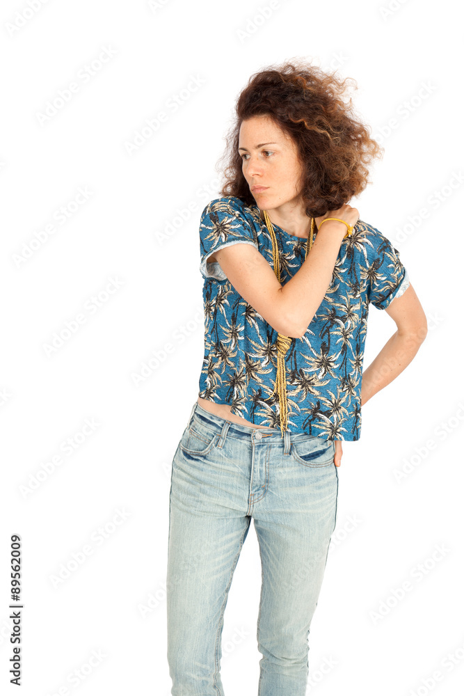 Beautiful woman doing different expressions in different sets of clothes: worried Beautiful woman doing different expressions in different sets of clothes: worried