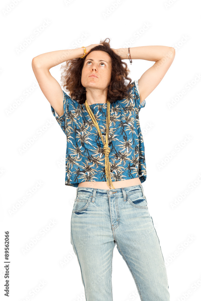 Beautiful woman doing different expressions in different sets of clothes: winking