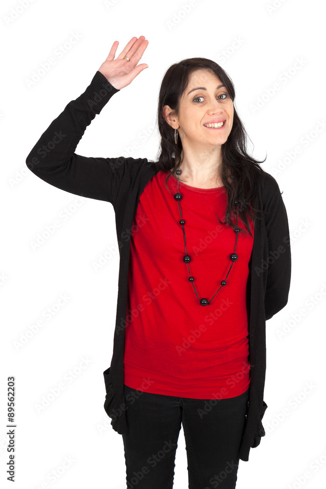 Beautiful woman doing different expressions in different sets of clothes: waving Beautiful woman doing different expressions in different sets of clothes: waving