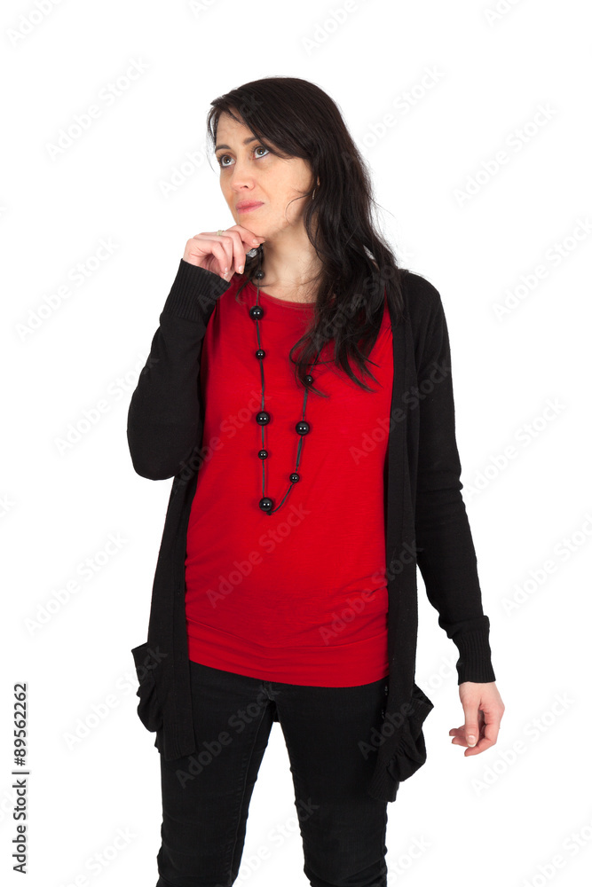 Beautiful woman doing different expressions in different sets of clothes: thinking Beautiful woman doing different expressions in different sets of clothes: thinking