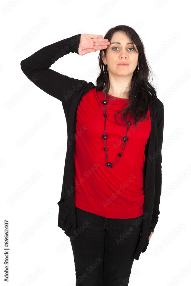Beautiful woman doing different expressions in different sets of clothes: at attention Beautiful woman doing different expressions in different sets of clothes: at attention