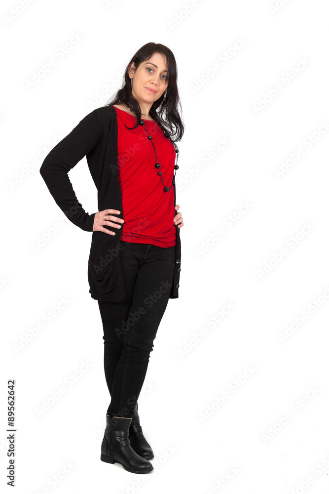 Beautiful woman doing different expressions in different sets of clothes: full length hands on hips Beautiful woman doing different expressions in different sets of clothes: full length hands on hips