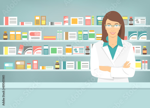 Modern flat vector illustration of smiling young attractive female pharmacist at the counter in a pharmacy opposite of shelves with medicines. Health care conceptual background