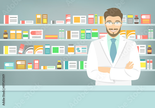 Modern flat vector illustration of a smiling young attractive male pharmacist at the counter in a pharmacy opposite of shelves with medicines. Health care conceptual background