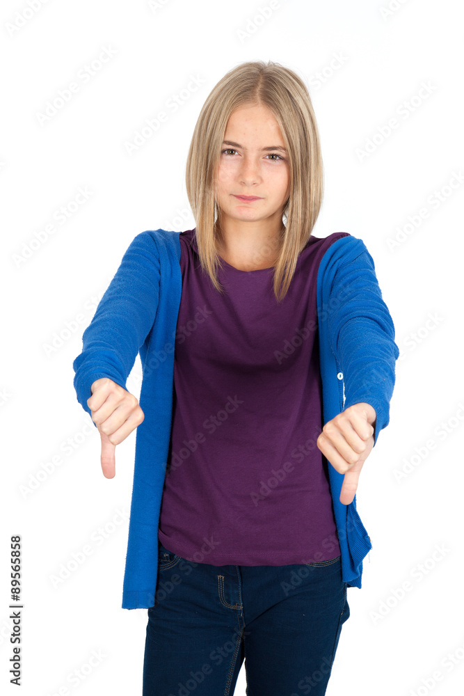 Fototapeta premium Beautiful girl doing different expressions in different sets of clothes: thumbs down