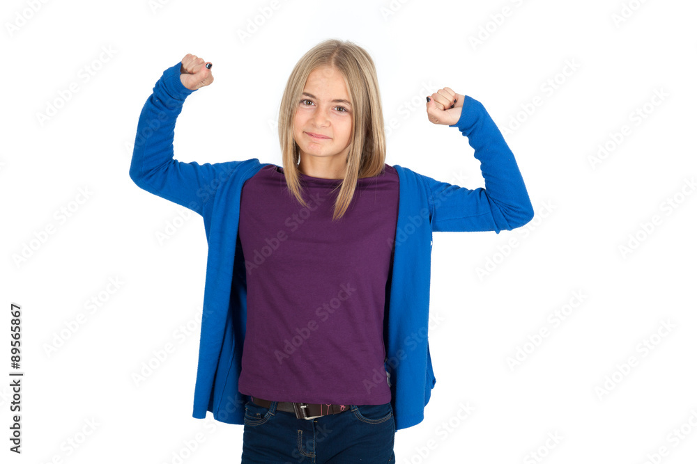 Obraz premium Beautiful girl doing different expressions in different sets of clothes: arms raised