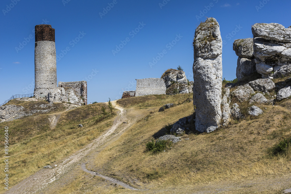 White rocks and ruined medieval castle in Olsztyn, Poland