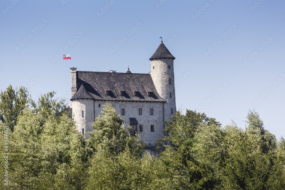 Beautiful medieval castle at sunny day over blue sky, Bobolice,