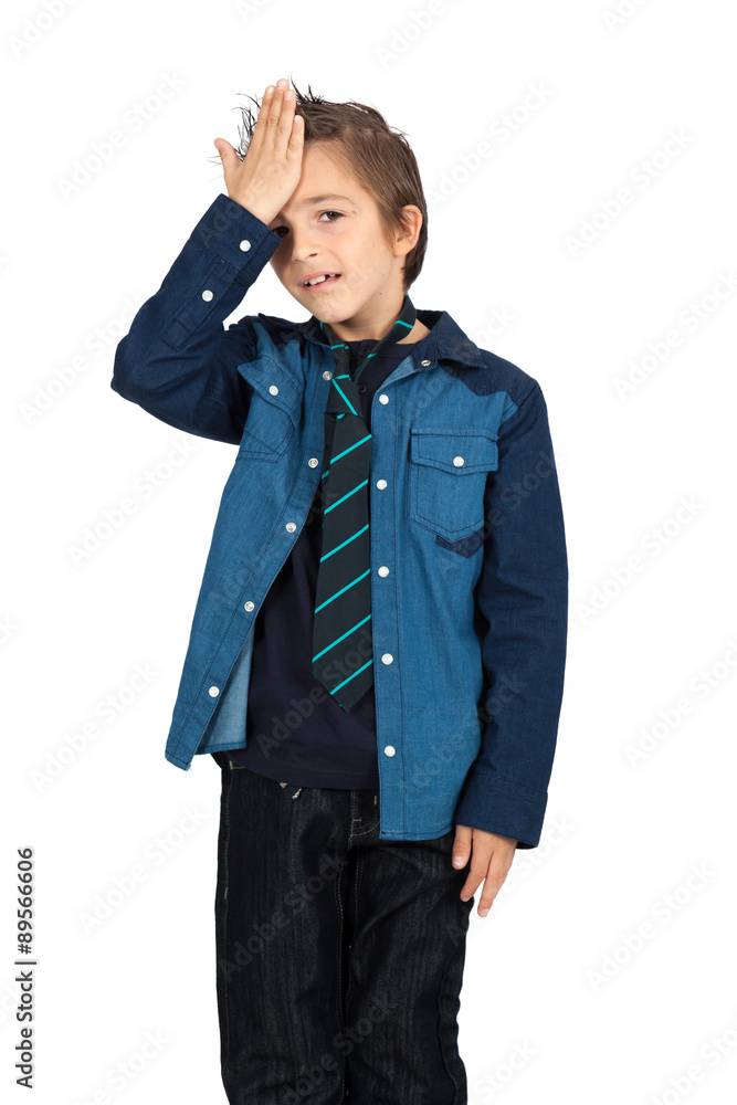 Handsome child doing different expressions in different sets of clothes: headache Handsome child doing different expressions in different sets of clothes: headache