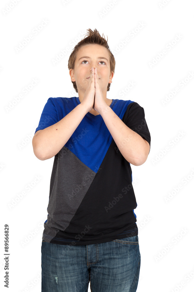 Handsome child doing different expressions in different sets of clothes: prayer Handsome child doing different expressions in different sets of clothes: prayer
